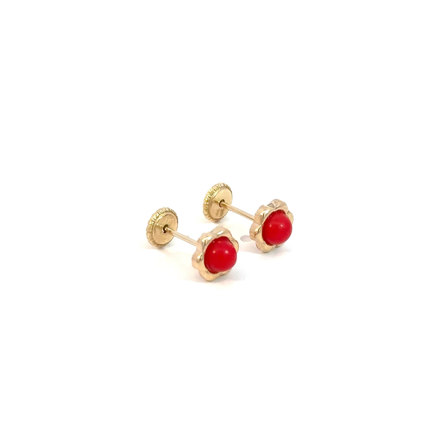 Red Stone Yellow Gold Stud Earrings 14K, 1.0g