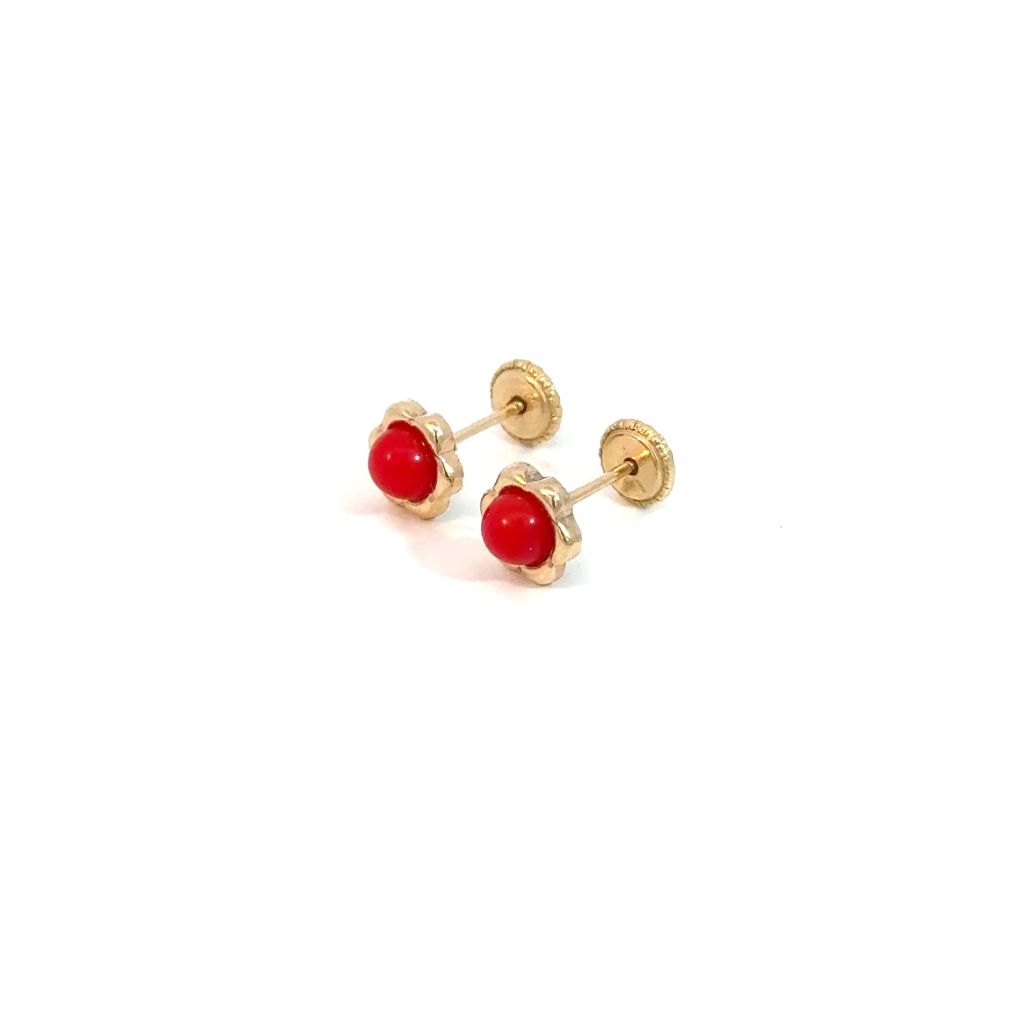 Red Stone Yellow Gold Stud Earrings 14K, 1.0g