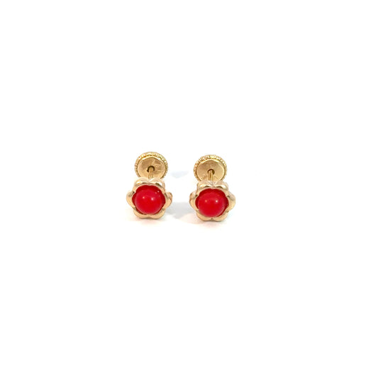 Red Stone Yellow Gold Stud Earrings 14K, 1.0g